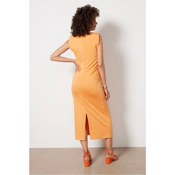 Evereve Zoe Strong Shoulder Midi Dress Size Small Tangerine - Picture 2 of 10